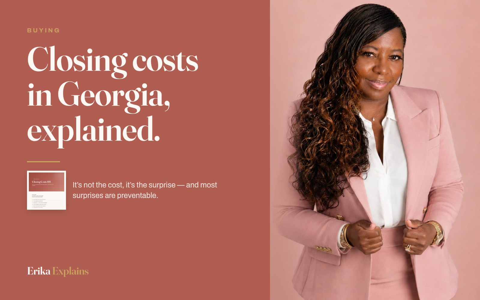 Erika K. Page beside the headline: Closing costs in Georgia, explained.