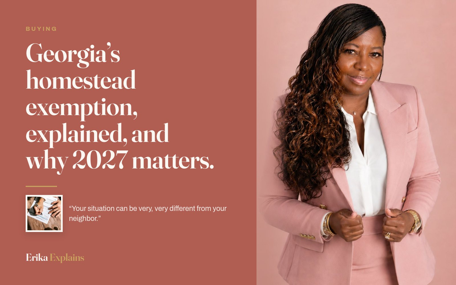 Erika K. Page beside the headline: Georgia’s homestead exemption, explained.