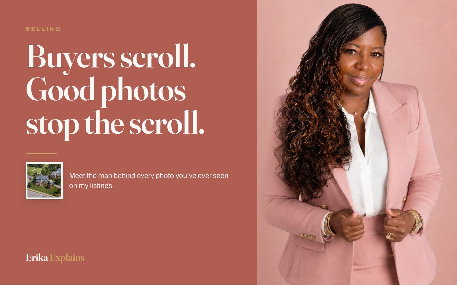 Erika K. Page beside the headline: Buyers scroll. Good photos stop the scroll.