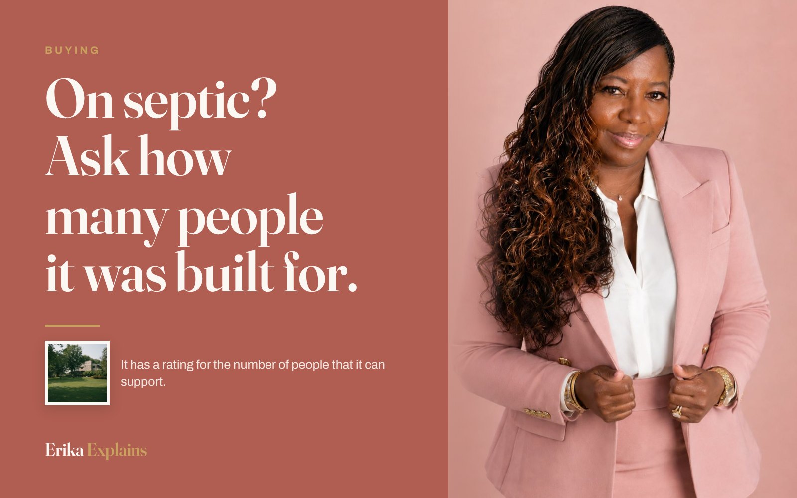 Erika K. Page beside the headline: On septic? Ask how many people it was built for.